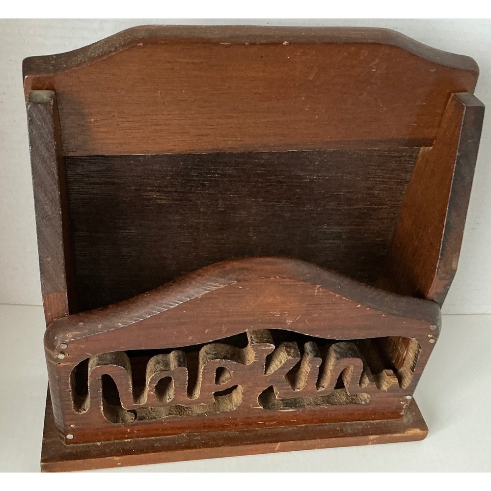 Vintage Wooden Napkin Holder Wall Mount Cutout Lettering Brown Rustic Kitchen